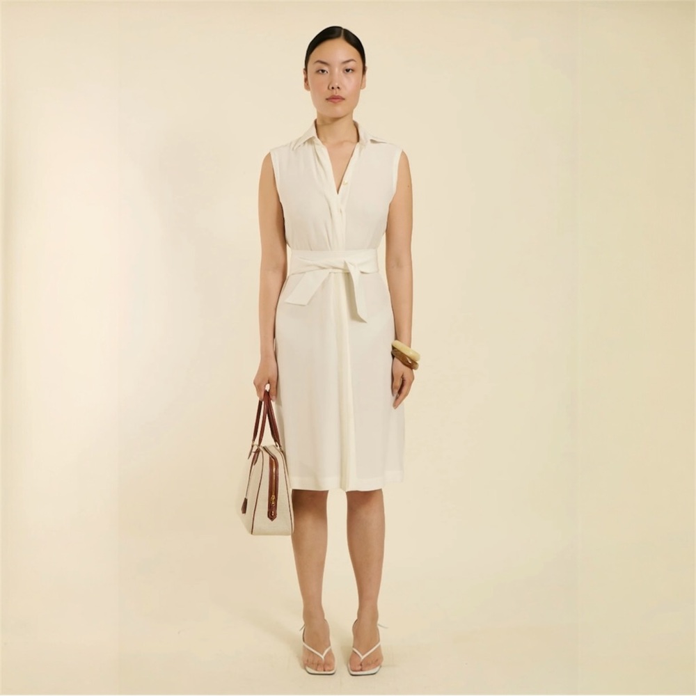 H&M Sleeveless Belted Button Front Midi Dress in Cream Size Med